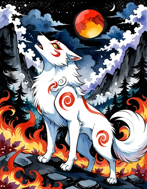 three-quarter portrait, solo, howl, head up, red sun, quadruped amaterasu \(okami\), fluffy tail, yellow sclera, (wolf:0.5), lea...