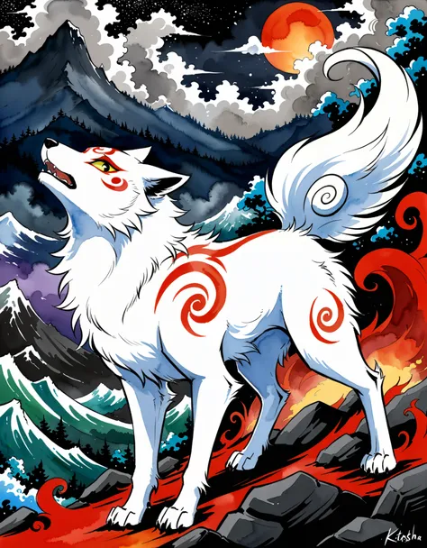 three-quarter portrait, solo, howl, head up, red sun, quadruped amaterasu \(okami\), fluffy tail, yellow sclera, (wolf:0.5), lea...