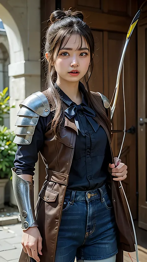 8k,A female adventurer from another world,so beautiful(Like the real thing),((Girl in leather armor:1.4))、Brown Hair,blue eyes,((Woman shooting a bow:1.5))、((Woman with single hair bun shooting with stone crossbow:1.4))、A woman with brown combat trousers,D...