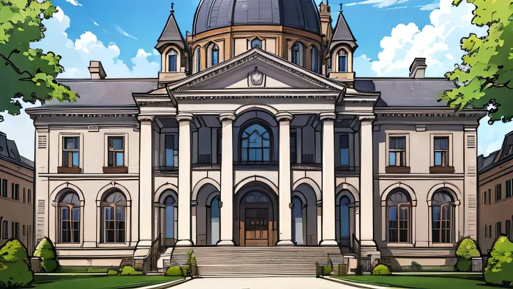 Generates an image of the facade of a two-story town hall, with an imposing and formal architectural design. The facade should feature distinctive columns or architectural details., and may include elements such as a sign that says &#39;Mayor&#39;s Office&...