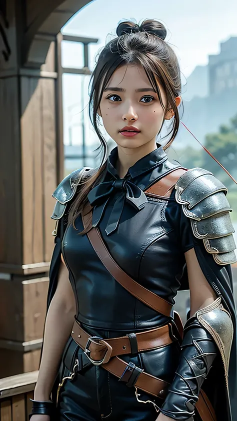 8k,A female adventurer from another world,so beautiful(Like the real thing),((Girl in leather armor:1.4))、Brown Hair,blue eyes,((Woman shooting a bow:1.5))、((Woman with single hair bun shooting with stone crossbow:1.4))、A woman with brown combat trousers,D...