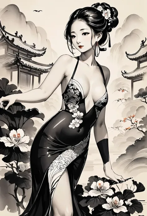 Chinese traditional ink body art style, (Use simple lines to outline a woman’s graceful figure），Take a step back, undulating lines, Thick and thin lines, (body art）,
line art, Black and white painting,character drawing,line art,lyrical abstraction, Fountai...