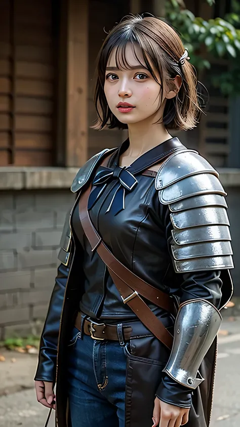 8k,A female adventurer from another world,so beautiful(Like the real thing),((Girl in leather armor:1.4))、Brown Hair,blue eyes,((Woman shooting a bow:1.5))、((Short-haired woman shooting with a stone crossbow:1.4))、A woman with brown combat trousers,Dagger ...