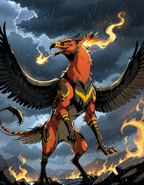 quadruped feral talonflame, red eyes, fire breathing, claws, flying, spread wings, half-length portrait, looking at viewer, low-...