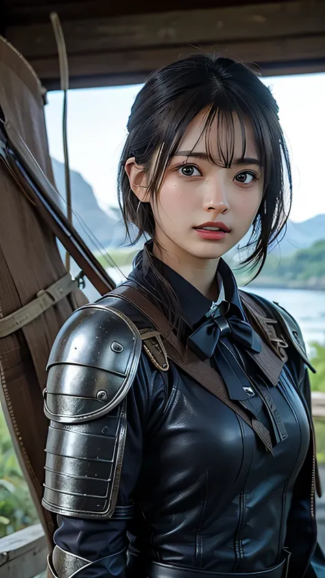 8k,A female adventurer from another world,so beautiful(Like the real thing),((Girl in leather armor:1.4))、Brown Hair,blue eyes,((Woman shooting a bow:1.5))、((Short-haired woman shooting with a stone crossbow:1.4))、A woman with brown combat trousers,Dagger ...