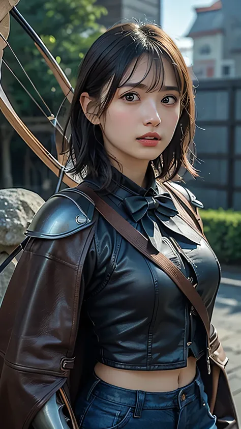 8k,A female adventurer from another world,so beautiful(Like the real thing),((Girl in leather armor:1.4))、Brown Hair,blue eyes,((Woman shooting a bow:1.5))、((Short-haired woman shooting with a stone crossbow:1.4))、A woman with brown combat trousers,Dagger ...