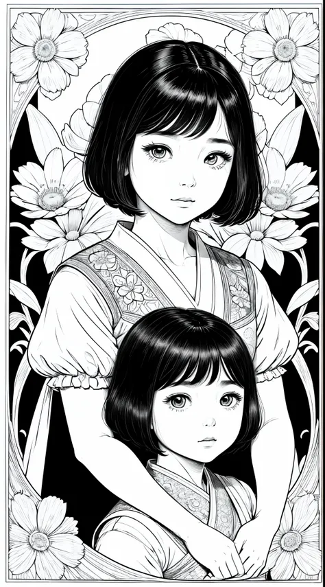 As a coloring book, white and black color, borders should be simple, clear, distinct, and thick lines, By Cartoon picture book of a beautiful Asian girl with short brown hair, A girl looking at camera, (Campo de flores), ((Closeup)), retrato, nuvem, arte d...