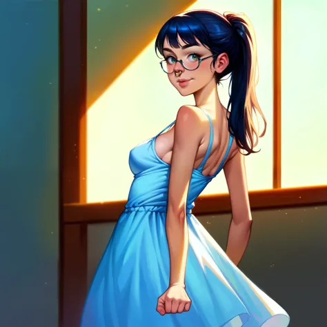 1girl, masterpiece, ((skinny girl, skinny arms)), ((small breasts)), best quality, realistic face, black and blue hair with bangs and ponytail, large glasses, , , , green eyes, nose ring, chubby cheeks, long nose, low nose, high lips, dark eyebrows, ((trad...