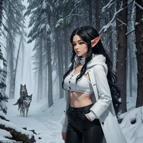 (Characters: Elf1, Wolf1), Elf1: (Woman, Black Hair, (Elf Ears Only), Black Pants, White Winter Coat), Snowy Mountain Forest , ((In a Blizzard)), (Nighttime), (in the Dark), ((Stalked by Wolves)), (Wolf1: [[Huge Wolf]], [[White Wolf]])