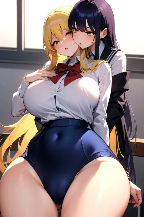 Lesbian (very long loose yellow hair)(big breasts, big thighs)(with school uniform clothes it is very tight) that he is kissing at school with his girlfriend,(big breasts, big thighs)lesbian love