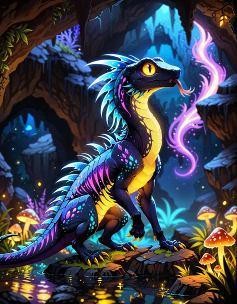 quadruped feral lizard \(rain world\), bioluminescence, short limbs, yellow eyes, big eyes, forked tongue, crystal creature, sid...