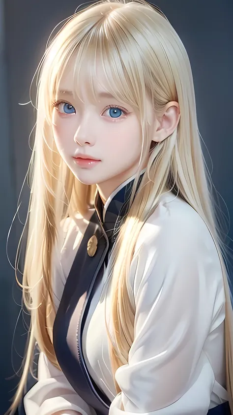 A very beautiful Nordic girl、Super long silky shiny metallic butter blonde hair、Cute beautiful girl with sexy messy bangs、Hair above the eyes、片Hair above the eyes、Hair between the eyes、uniform、Super long beautiful blonde hair、Beautiful bangs between the ey...