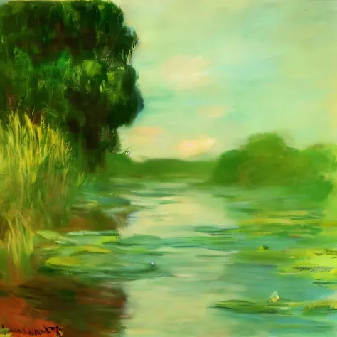 style of Claude Monet、Painting (Moderate), Soft Focus、The whole screen is blurred with a white outline、A lotus pond、(Lotus flower close-up:1.2)