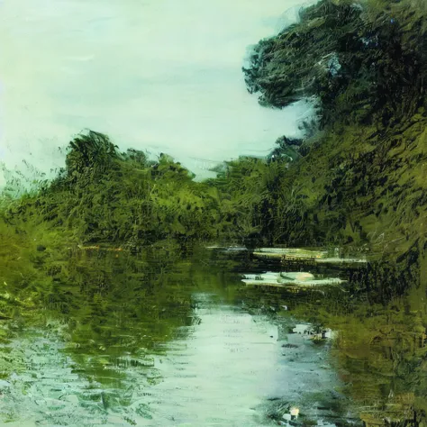 style of claude monet、painting \(moderate\), soft focus、blurred outline、a lotus pond、(lotus flower:1.2)