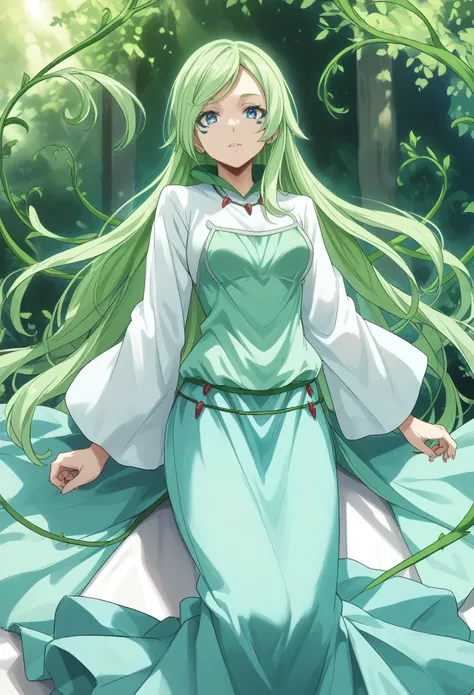 TreyniTS
long hair, green hair, blue eyes, facial mark
vines
multicolored dress, white dress, green dress, necklace, long sleeves, blue skirt
long skirt