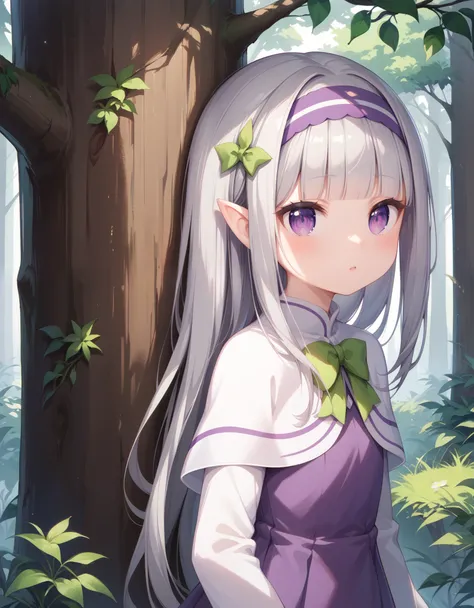 1girl, forest, peeking out upper body, behind tree, purple eyes, hairband, long hair, grey hair, pointy ears, blunt bangs, white...