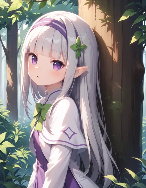 1girl, forest, peeking out upper body, behind tree, purple eyes, hairband, long hair, grey hair, pointy ears, blunt bangs, white...