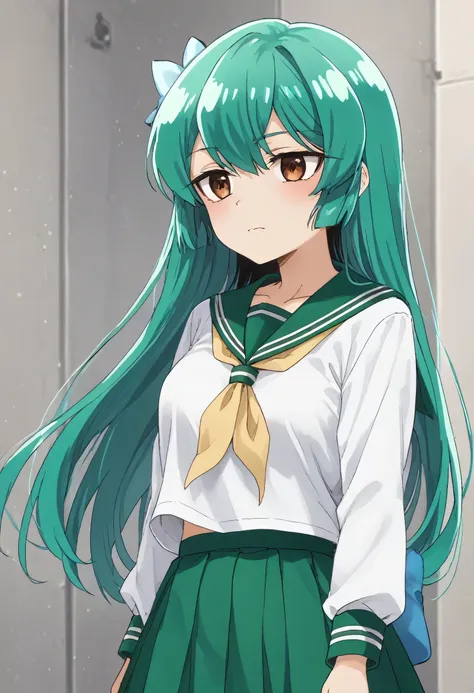 sayo minakami, long hair, brown eyes, bow, hair bow, green hair,
skirt, shirt, long sleeves, school uniform, white shirt, pleate...