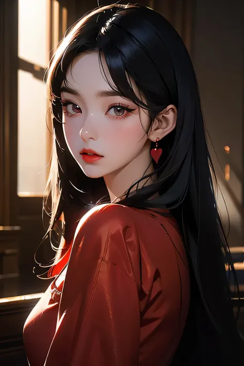 bae irene, a beautiful young woman with long black hair with bangs, wearing a red satin dress, heart  earrings, red hair bow, 1g...