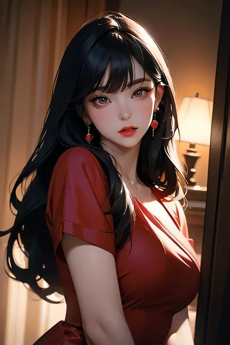 bae irene, a beautiful young woman with long black hair with bangs, wearing a red satin dress, heart  earrings, red hair bow, 1g...