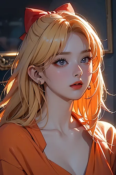 seulgi, orange satin dress, long blonde hair, red hair bow, beautiful detailed eyes, beautiful detailed lips, extremely detailed...