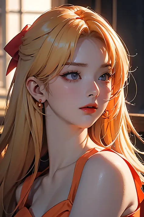 seulgi, orange satin dress, long blonde hair, red hair bow, beautiful detailed eyes, beautiful detailed lips, extremely detailed...