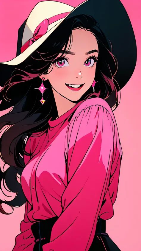 A beautiful young girl with sparkling eyes, wearing a pink cowboy hat, against a vibrant red and pink gradient background, with an open-mouthed smile revealing her sharp teeth, her long black hair flowing, the focus on her upper body.