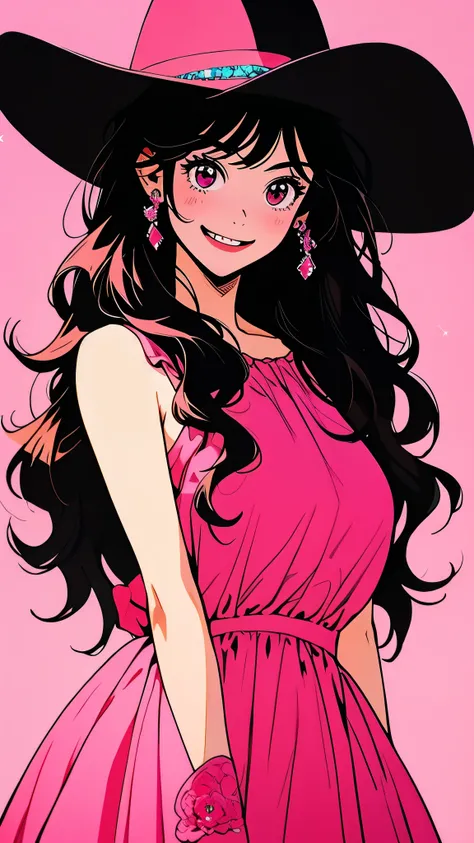 A beautiful young girl with sparkling eyes, wearing a pink cowboy hat, against a vibrant red and pink gradient background, with an open-mouthed smile revealing her sharp teeth, her long black hair flowing, the focus on her upper body.