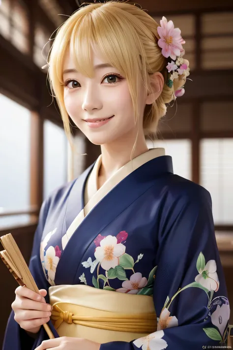 Kimono-clad anime、woman、Edo-kko、Blonde、A happy smile、3Z4 letters on chest、Zoom lens shot, Studio Ghibli, (((masterpiece))), (((Highest quality))), (Highly detailed CG Unity 8k wallpaper)