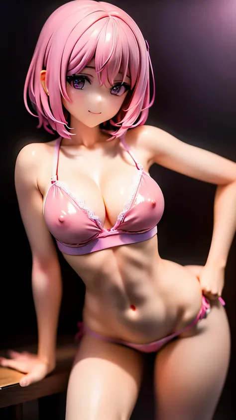 Pink bra、Pink panties、Leg spread、Transparent nipples、Transparent pussy、Standing posture、smile、Pink Hair、4、Beautiful mature woman、Plump body