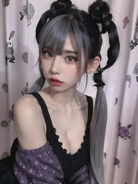 RAW photo, (8k), (Best quality: 1.2), (Real), (Real: 1.37), A young woman with twin-tails in purple and gray hair looking at the camera. She is wearing a black dress and has piercings on her lips. In the background, there is wallpaper with rabbit patterns.