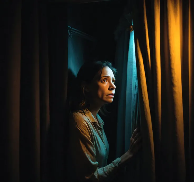 A dark, cluttered closet, with a terrified woman huddled in the corner. A single ray of moonlight creeps through a gap in the curtains, illuminating her trembling form.