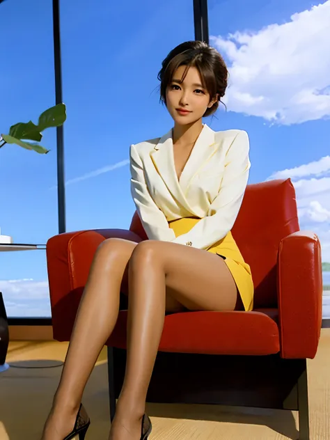 office, beauty sitting a japanese woman in chair, short hair, beautiful legs, high heels, brown pantyhose, mini skirt suit