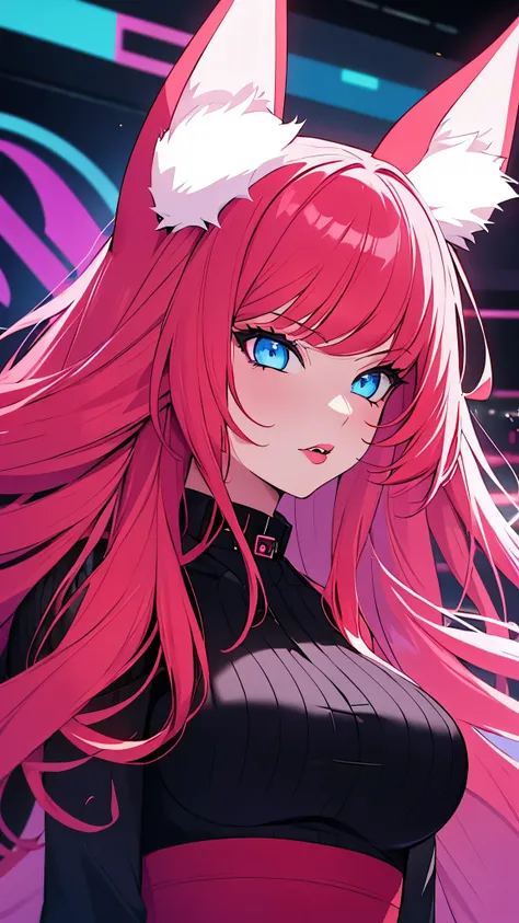 a girl with long red hair and cat or fox ears, looking directly at the viewer, solo portrait in a neon noir style, detailed blue eyes, full lips, large breasts, detailed facial features, complex hairstyle, dramatic blue, pink, purple neon lighting, cinemat...