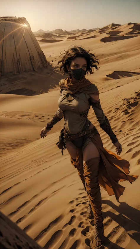 from above, high view shot, in the heart of a desert of dune, a young sexy woman with a large and black haircut, desert tunic, w...