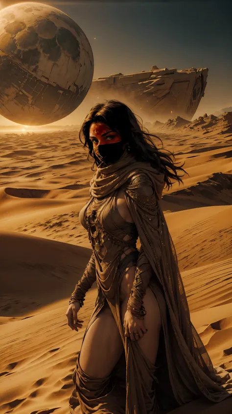 from above, high view shot, in the heart of a desert of Dune, a young sexy woman with a large and black haircut, desert tunic, white skin, sexy and tight desert clothes, brown, gold and sand, dunes, serious. In a desert sunset with a full orange sun, with ...