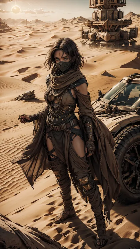 from above, high view shot, in the heart of a desert of dune, a young sexy woman with a large and black haircut, desert tunic, w...