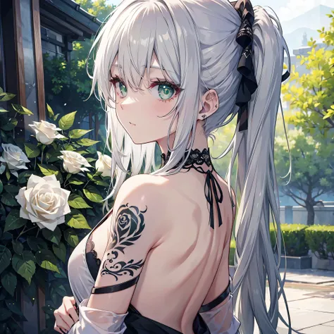 Gray Hair、Green eyes,solo, Lady、Tattoo all over the back,white Rose Tattoo、Darker