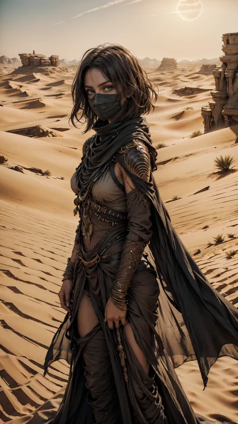 from above, high view shot, in the heart of a desert of Dune, a young sexy woman with a large and black haircut, desert tunic, white skin, sexy and tight desert clothes, brown, gold and sand, dunes, serious. In a desert sunset with a full orange sun, with ...