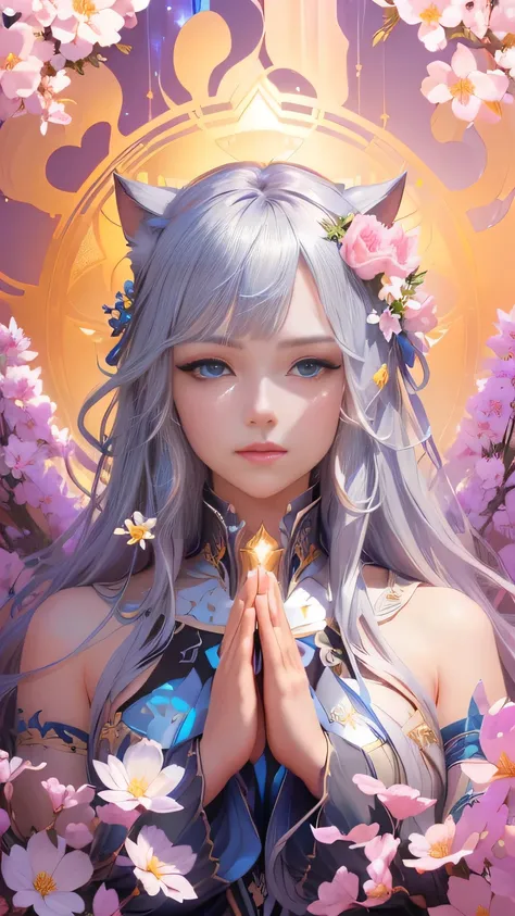 masterpiece, Highest quality, (Highly detailed CG Unity 8k wallpaper), (Highest quality), (Best illustrations),Facing this direction, Blue Eyes,Long silver hair with cat ears and many flowers attached to their head., (Best Shadow), Absurd, Realistic lighti...