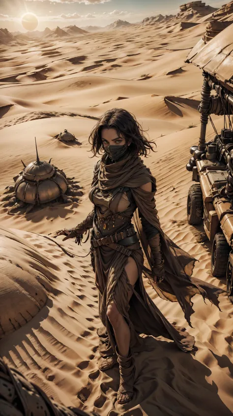 from above, high view shot, in the heart of a desert of dune, a young sexy woman with a large and black haircut, desert tunic, w...