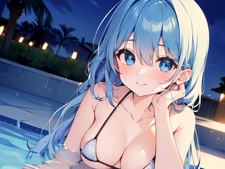 ((masterpiece)), ((best quality)), (ultra-detailed), pool, night, a cute girl, 1girl, solo, bikini, ((beautiful eyes)), smile