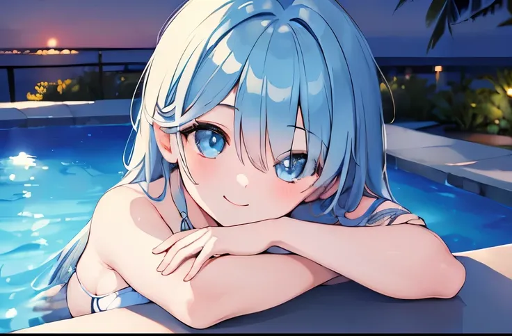 ((masterpiece)), ((best quality)), (ultra-detailed), pool, night, a cute girl, 1girl, solo, bikini, ((beautiful eyes)), smile