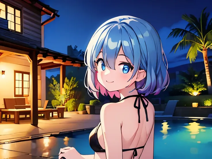 ((masterpiece)), ((best quality)), (ultra-detailed), pool, night, a cute girl, 1girl, solo, bikini, ((beautiful eyes)), smile