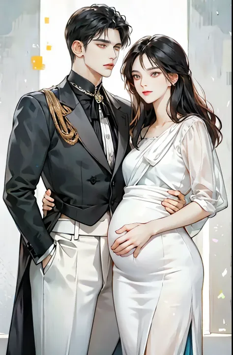 family, royal, elegant, good looking, kids, detailed, 4k, mom and dad, detailed eyes, pretty hair, handsome man, gorgeous woman, fine mom, hot dad, hot parents, mom with black hair, mom pregnant, man looking at woman with love, man hugging woman