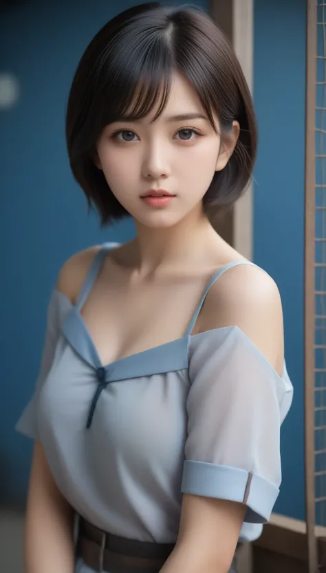 8k, Ultra-high resolution, Highest quality, masterpiece, 三分割法によるphotograph,Surreal, photograph, 1 , (:1.3), cute, cute顔, 細部までBeautiful Eyes, 細かくdetailedに,masterpiece,One Girl:1.2,Japanese women,student,cowboy shot,glaring,Black short hair,messy hair,(Dirty...