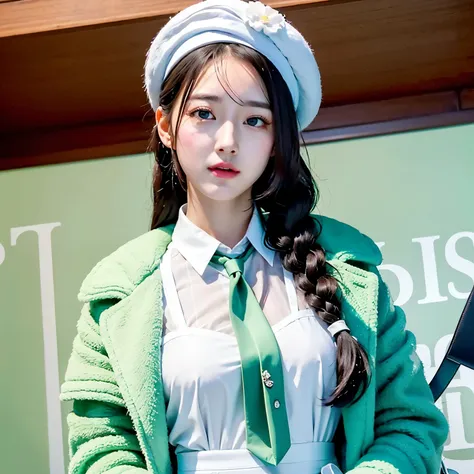 1 girl, (bags under the eyes:1.5), mint green fur, twin_braid, white beret, White shirt, flower tie