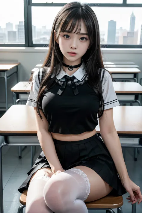 , School girl, white and black uniform, white and black skirt, black lace choker, white lace thigh highs, looking at viewer, class room background, sitting on desk, seductive, dark eyeliner, sexy eyeliner, 