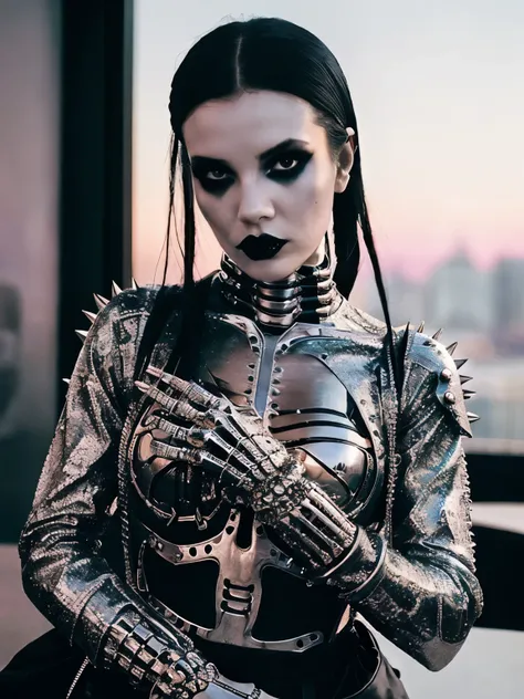 Wearing a skeleton costume、Young beautiful woman, The Future of Techwear, Working in an American Diner, Metal album cover art, cyborg, Goth girl aesthetics, Clear Skin, Snake Texture, Temple, Pastel Goth Aesthetic, 2029, Spikes in the skin