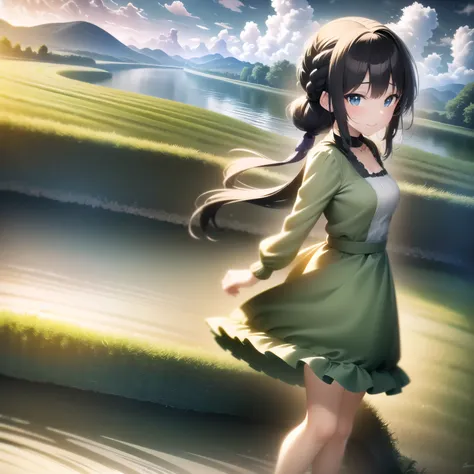 (high quality, 8k, original character), (Made: 1.5), (masterpiece, Best Quality, High resolution: 1.2), Girl, summer night, (Mediums Smooth Texture: 1.5), sexy skirt, delicate eyes, delicate image, bottle, river, Face to camera, A large lotus blooms behind...